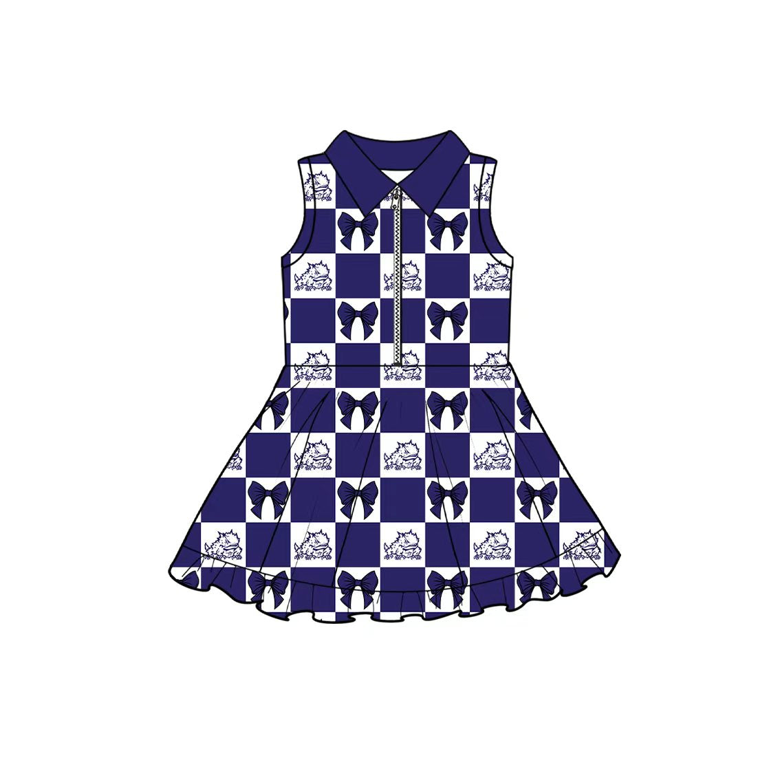 MOQ 5 pcs sleeveless frog plaid bow girls team athletic dress