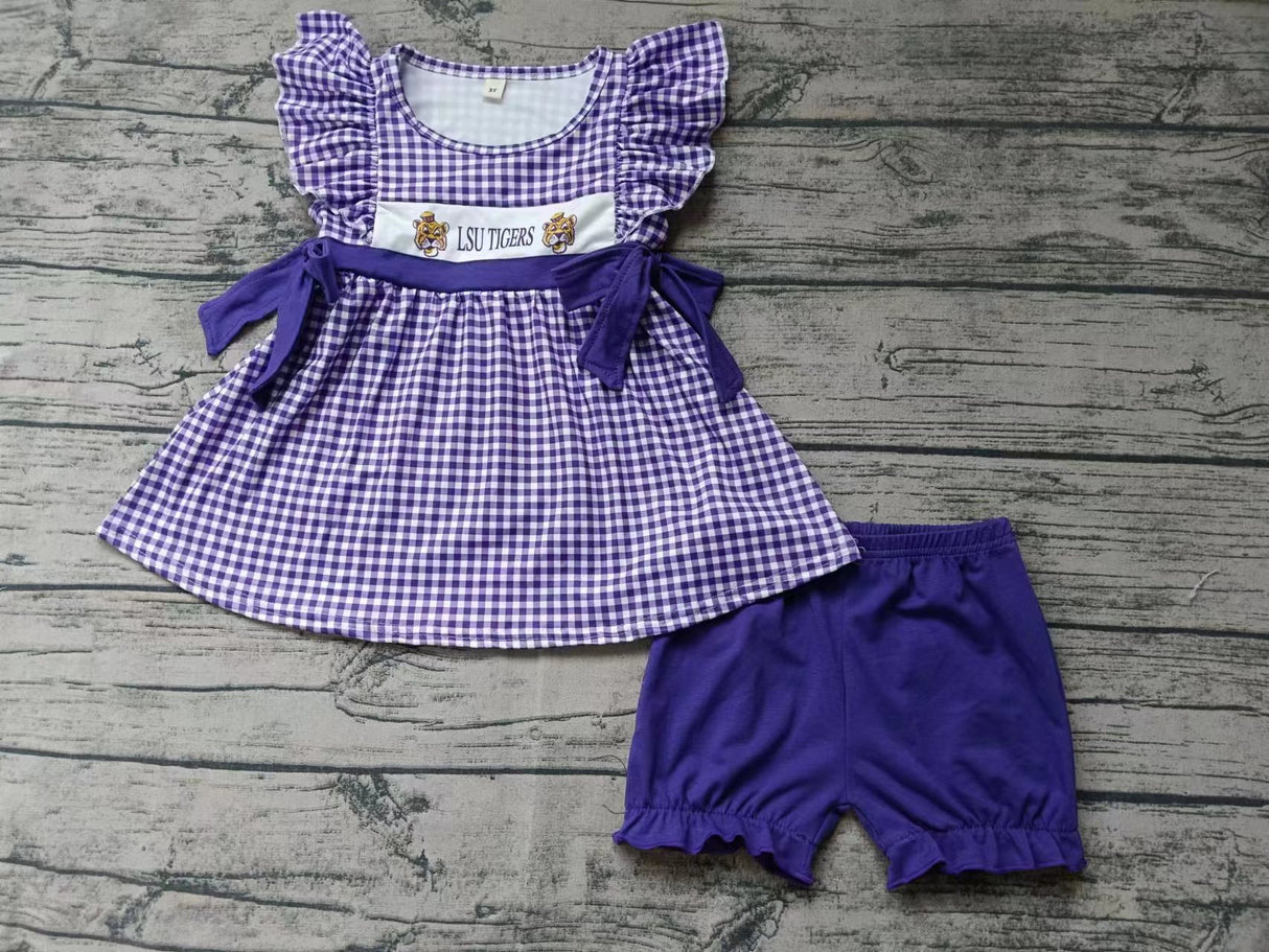 MOQ 3 pcs tiger purple plaid tunic shorts girls team clothes