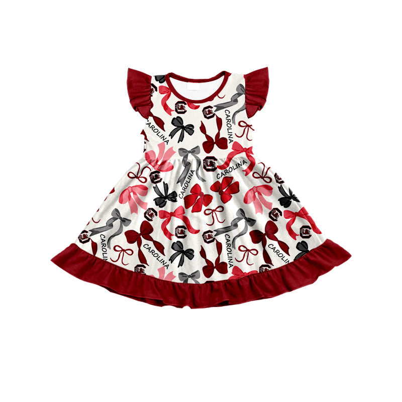 MOQ 3 pcs flutter sleeves maroon bows girls team dress