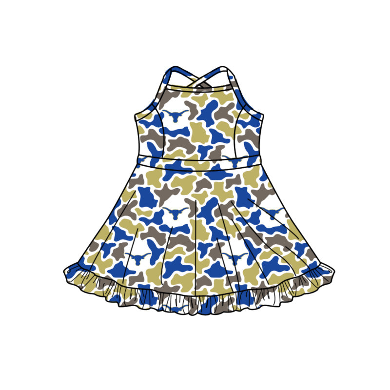 MOQ 5 pcs sleeveless straps blue camo girls team athletic dress