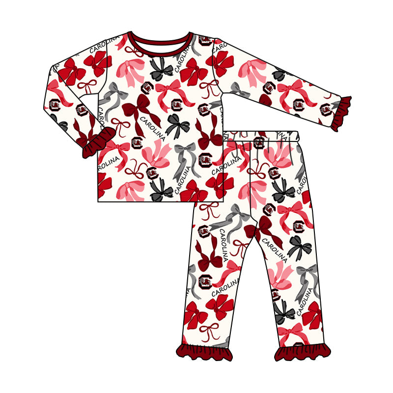 MOQ 3 Long sleeves maroon bow kids girls team pajamas
