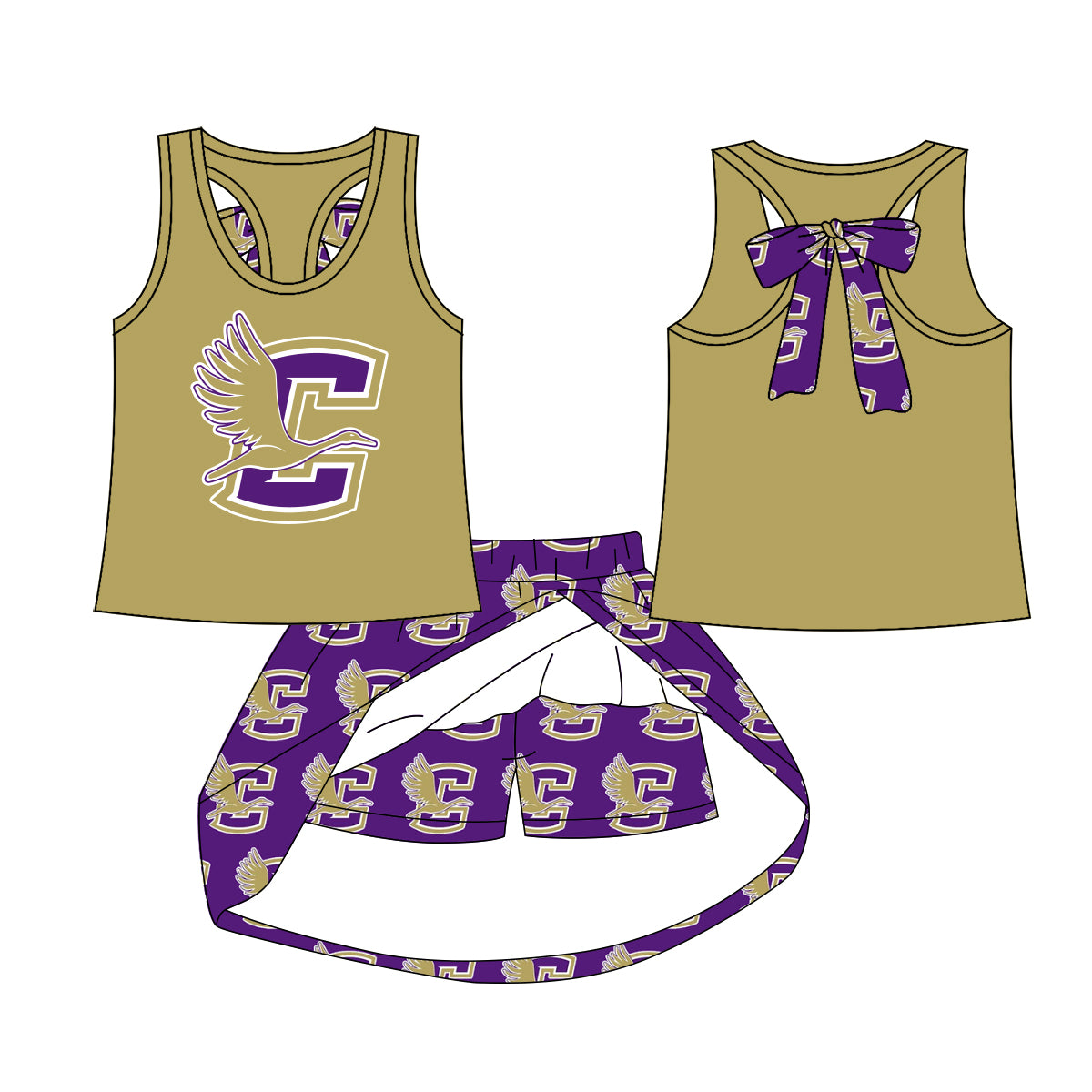 MOQ 5 pcs sleeveless purple bow top skorts kids girls team outfits