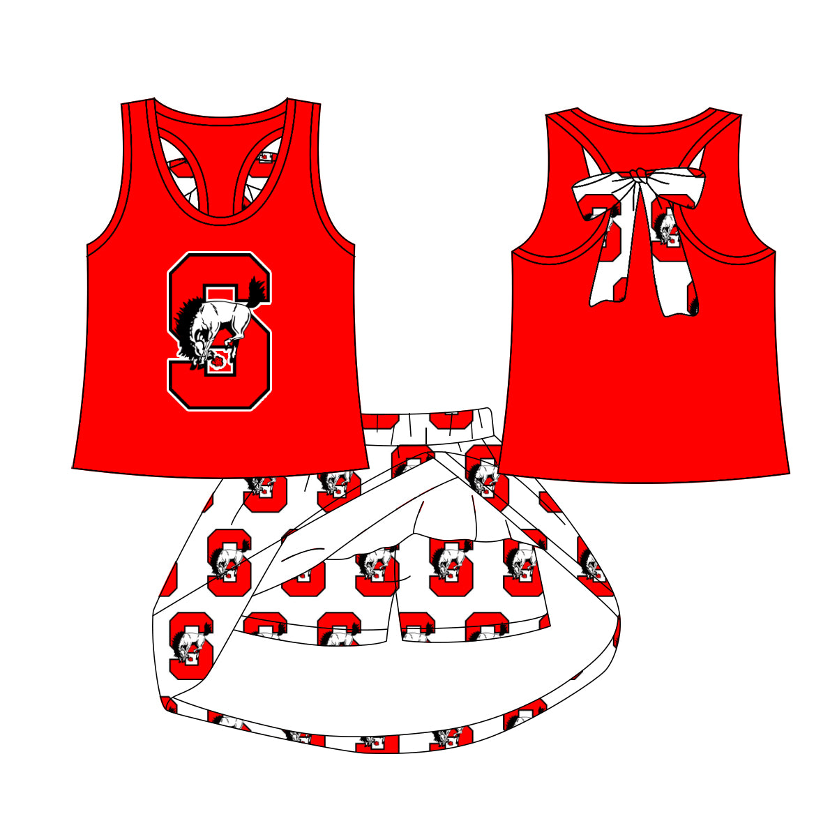 MOQ 5 pcs sleeveless red S bow top skorts kids girls team outfits