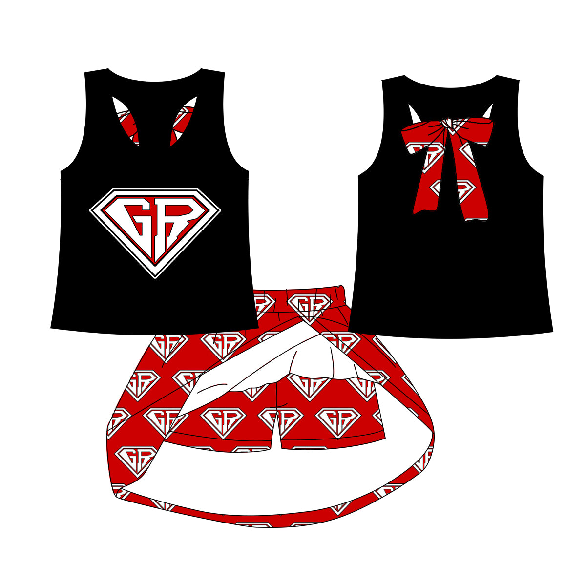 MOQ 5 pcs sleeveless bow top red G R skorts kids girls team outfits