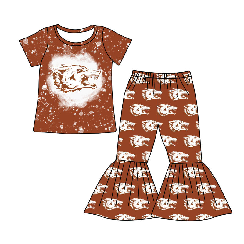 MOQ 5 wolf bleached top bell bottom pants girls team outfits