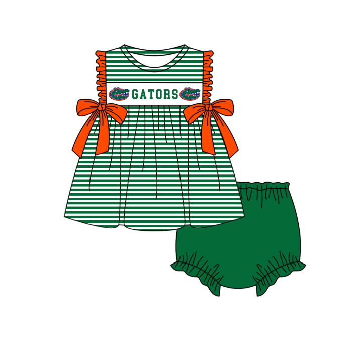 MOQ 5 pcs green stripe orange bow tunic bummies baby girls team set
