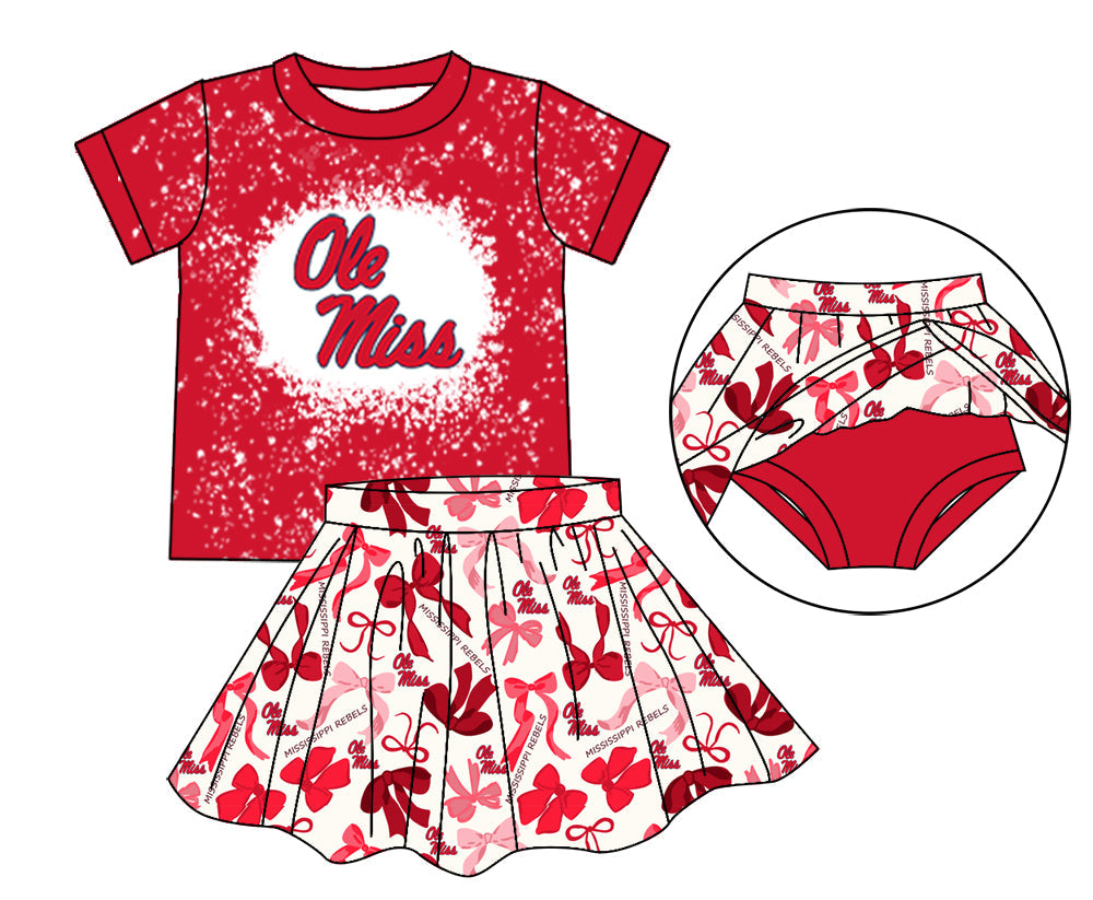 MOQ 3 pcs red O M bleached top bow skirt girls team outfits