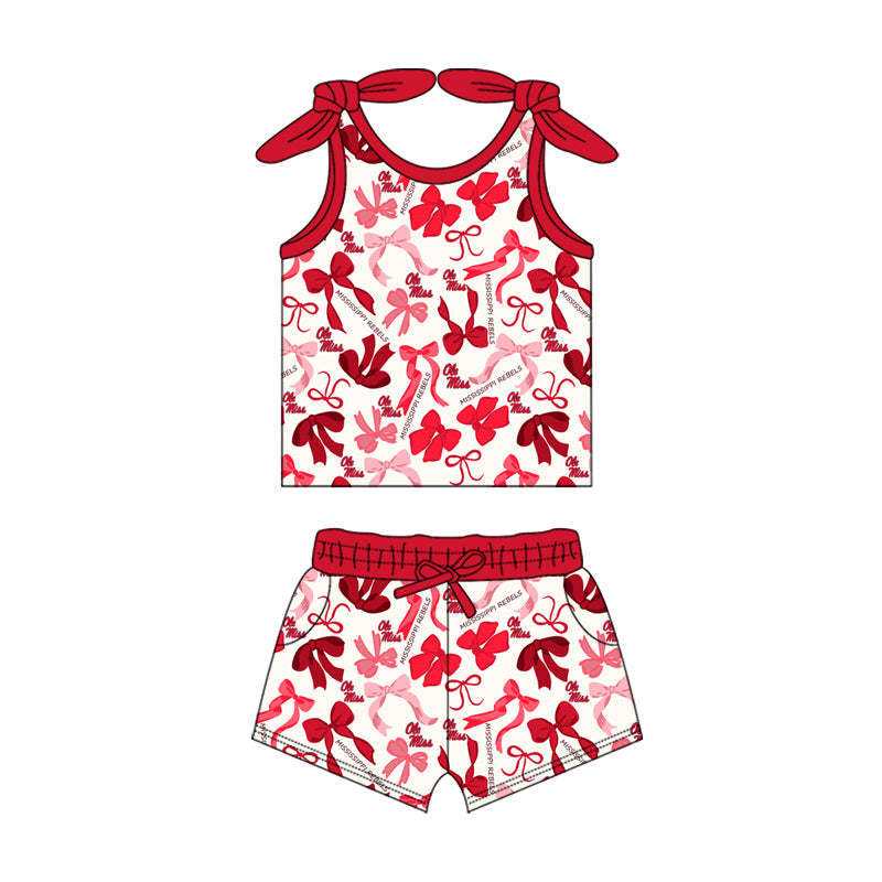 MOQ 3 pcs sleeveless O M bow top shorts girls team clothes