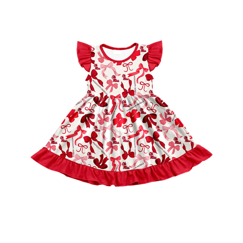 MOQ 3 pcs flutter sleeves red O M bows girls team dress