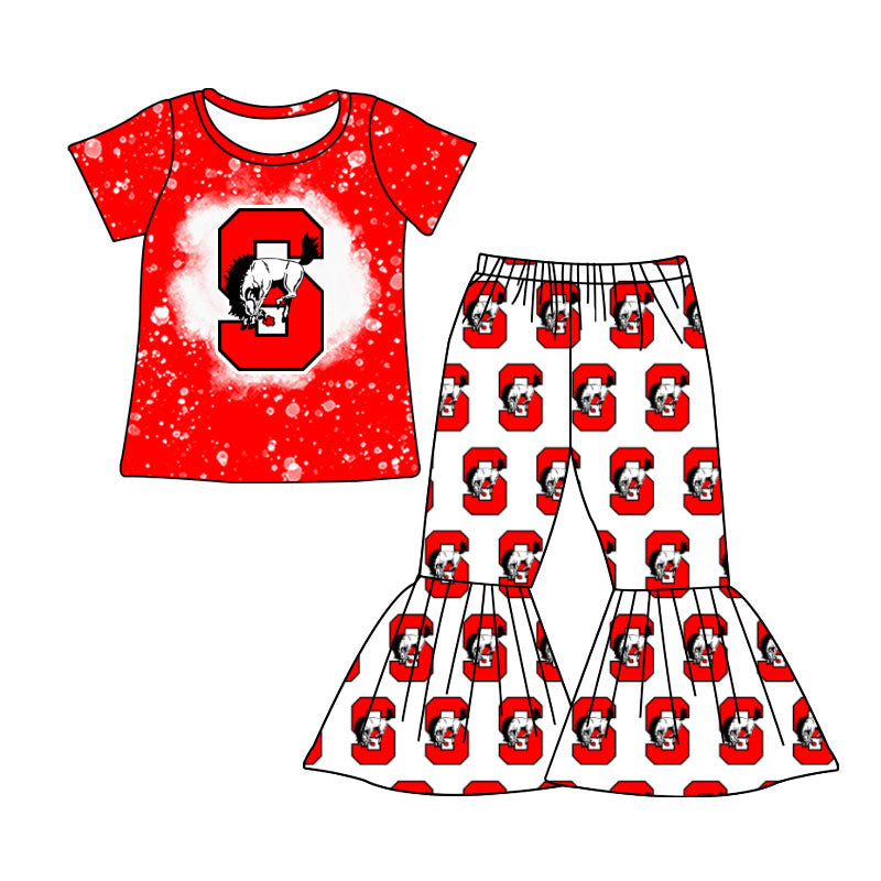 MOQ 5 bleached top red S bell bottom pants girls team outfits