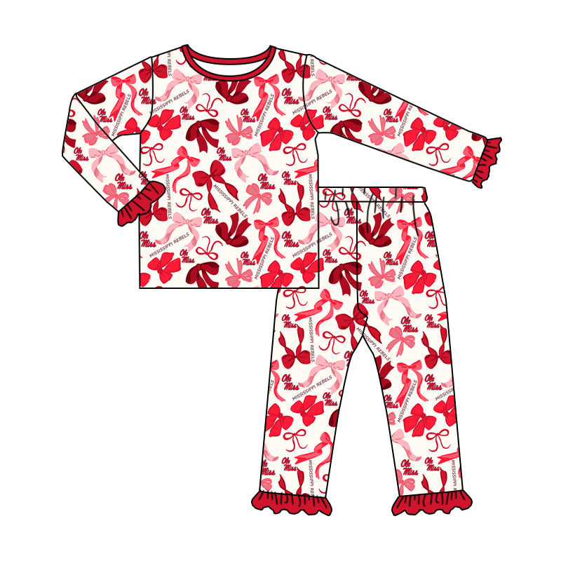 MOQ 3 Long sleeves O M red bow kids girls team pajamas