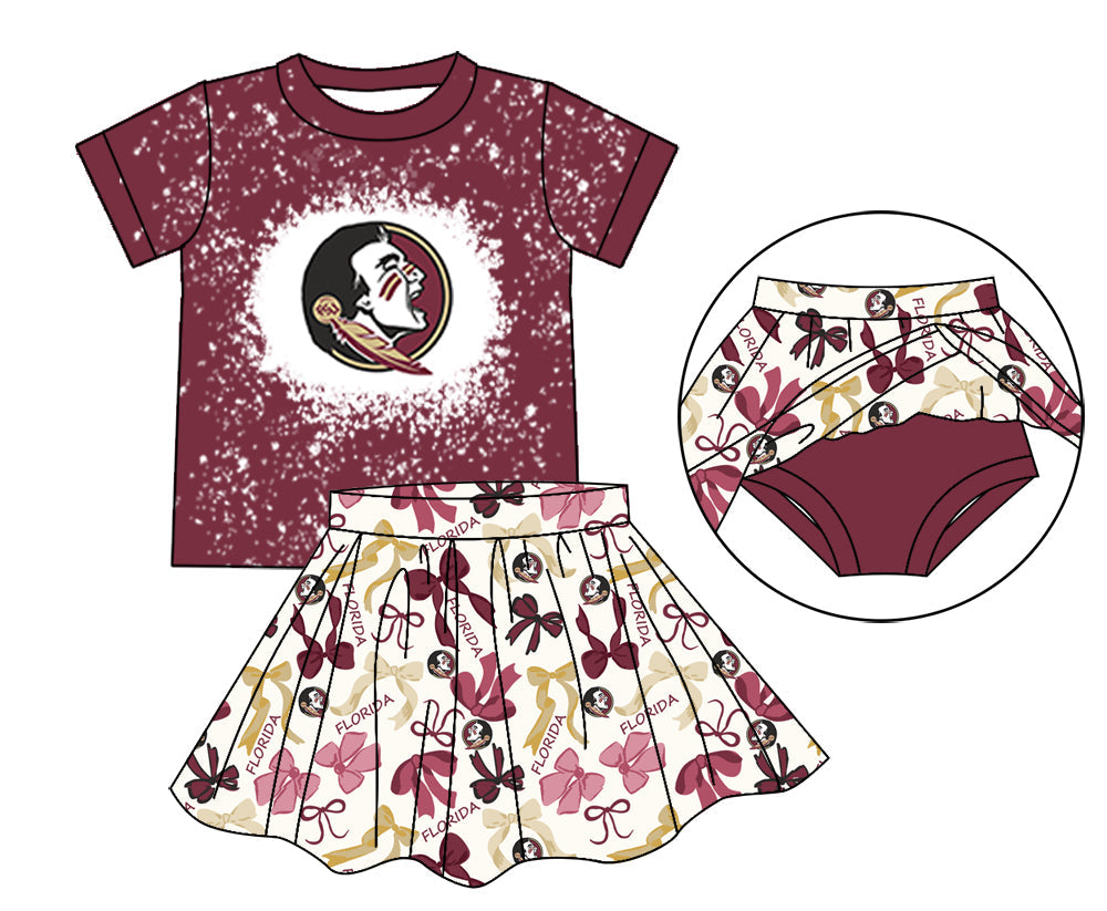 MOQ 3 pcs feather bleached top bow skirt girls team outfits