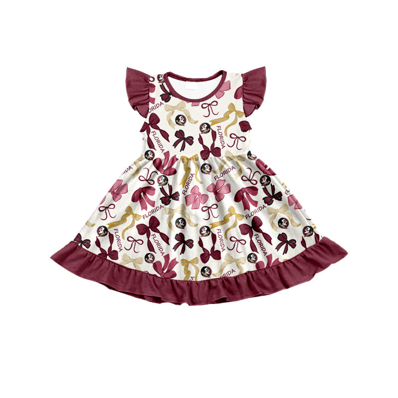 MOQ 3 pcs flutter sleeves feather bows girls team dress