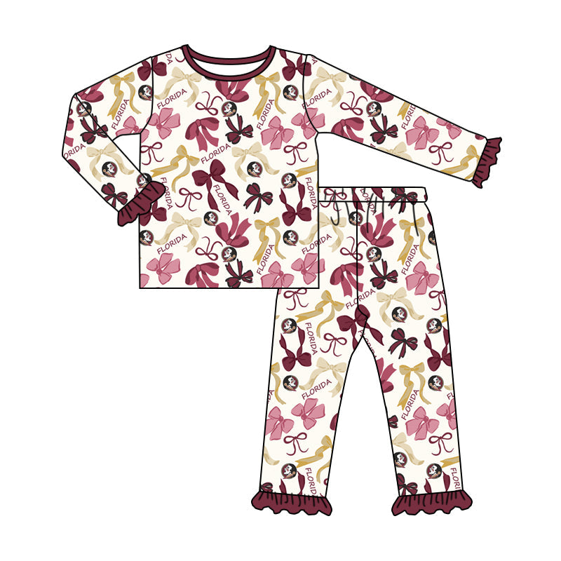 MOQ 3 Long sleeves feather bow kids girls team pajamas
