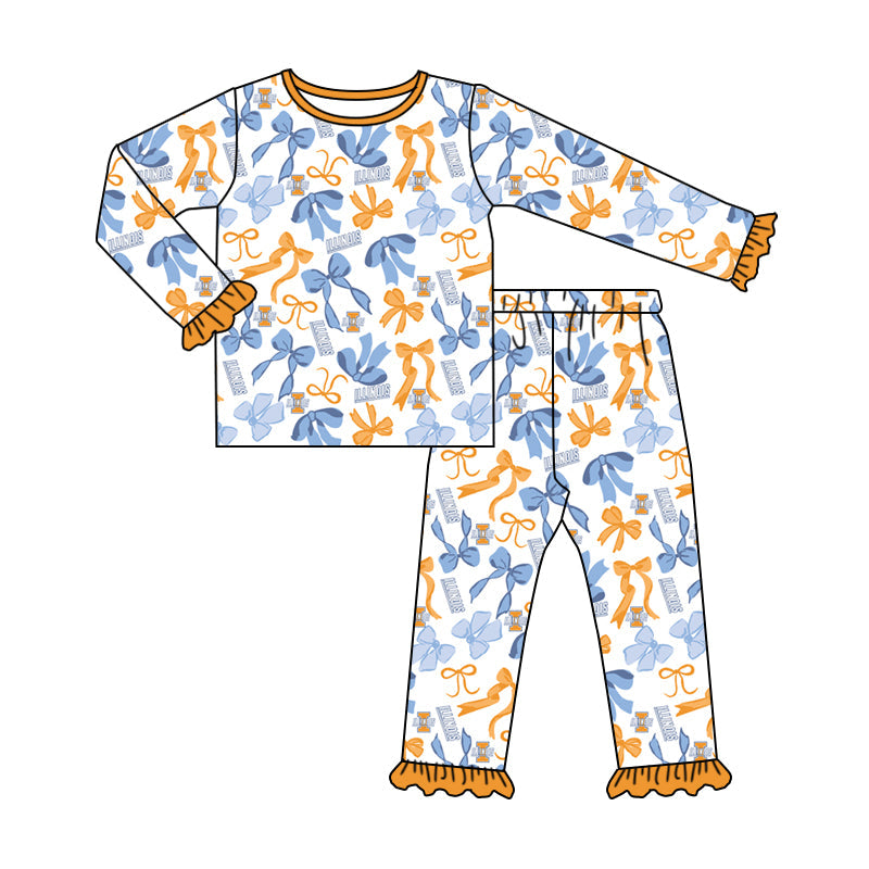 MOQ 3 Long sleeves I yellow blue bow kids girls team pajamas