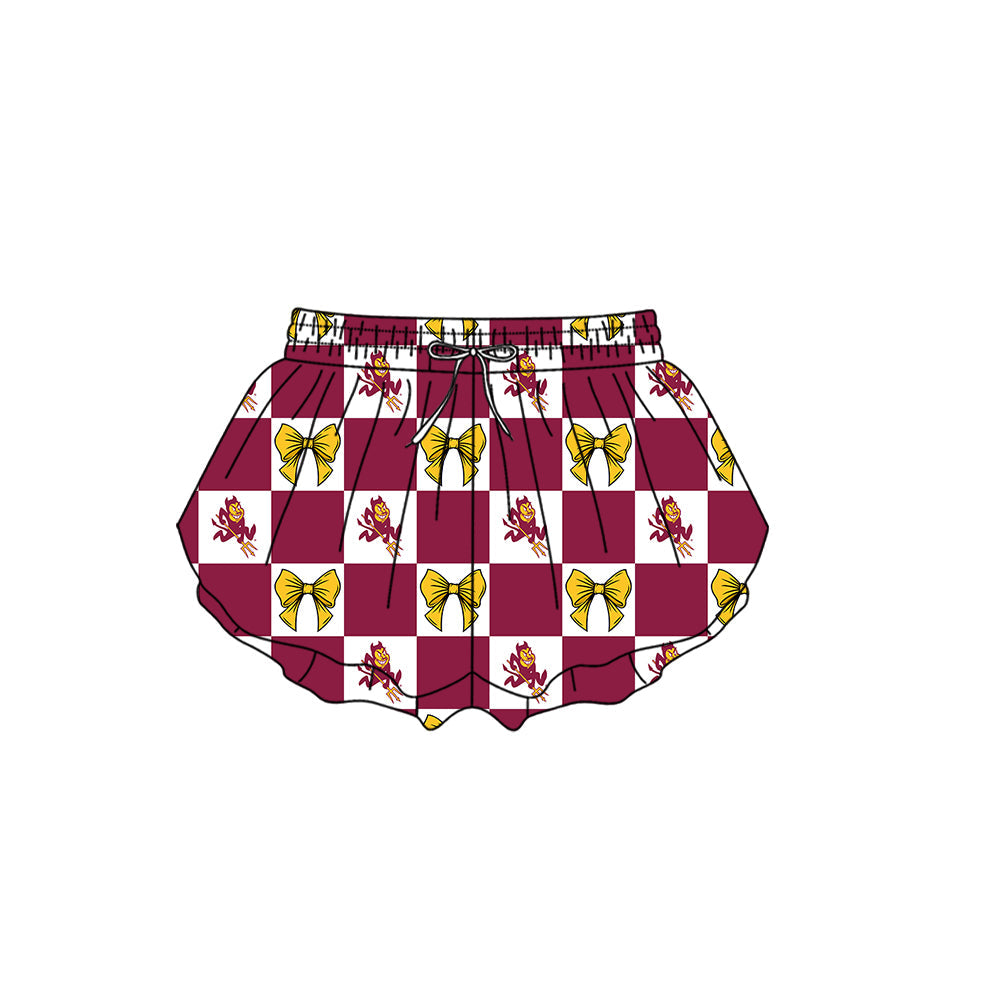 MOQ 5 pcs maroon Plaid yellow bow kids girls team active summer shorts