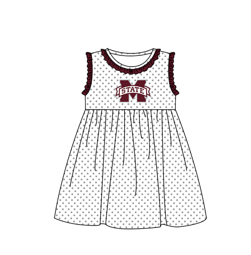 MOQ 5 pcs brown ruffle sleeveless white polka dots M girls team dresses