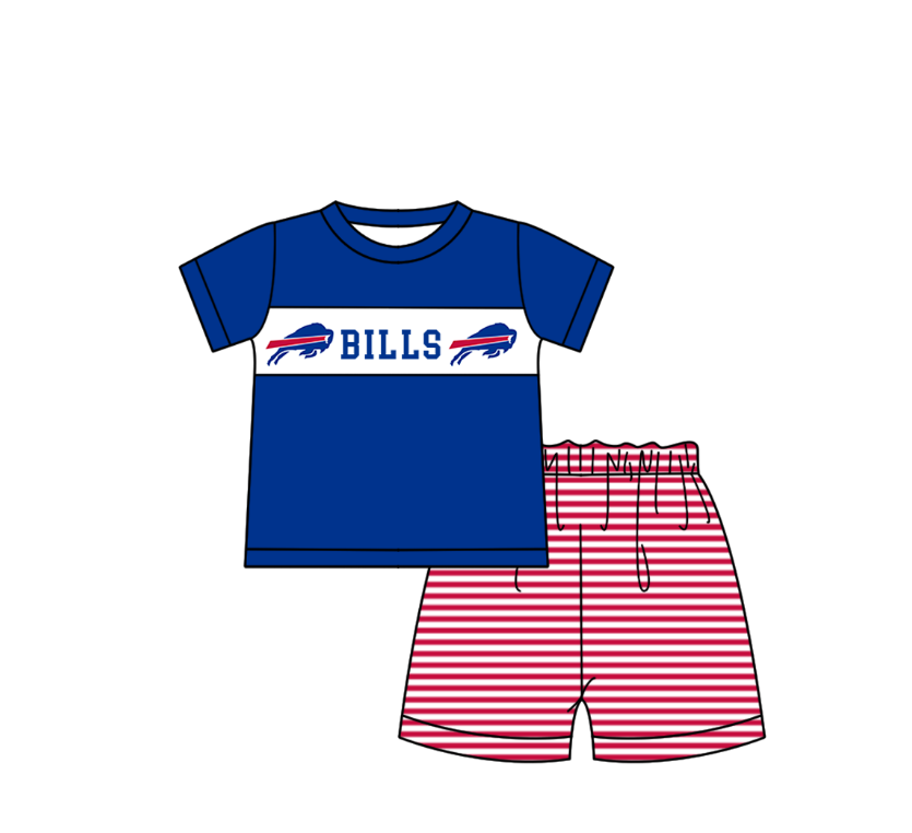 MOQ 5 pcs blue short sleeves BILLS top red stripe shorts boys team outfit