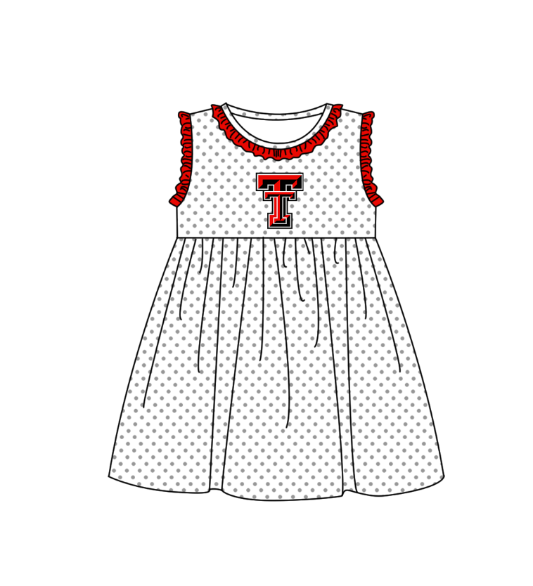 MOQ 5 pcs orange-red ruffle sleeveless white polka dots T girls team dresses