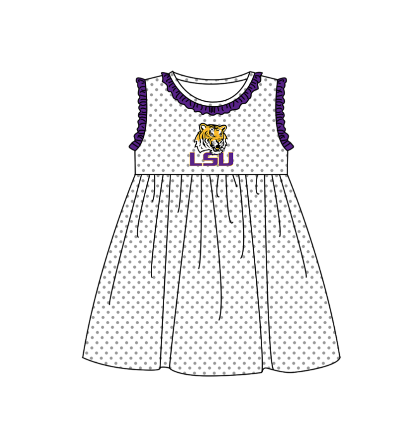 MOQ 5 pcs purple ruffle sleeveless white polka dots LSU girls team dresses