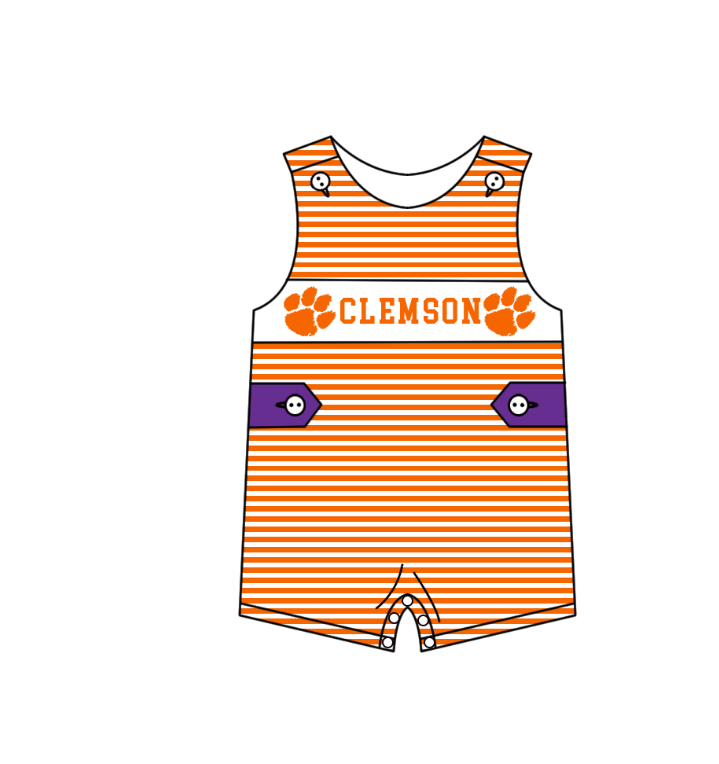 MOQ 5 pcs orange stripe sleeveless CLEMSON baby boys team romper