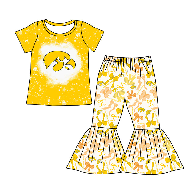 MOQ 3 pcs bleached yellow top bow pants girls team clothes