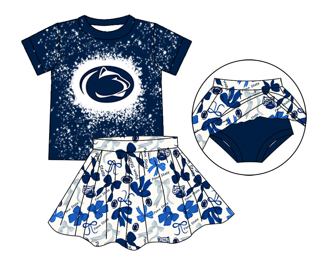 MOQ 3 pcs navy bleached top bow skirt girls team outfits