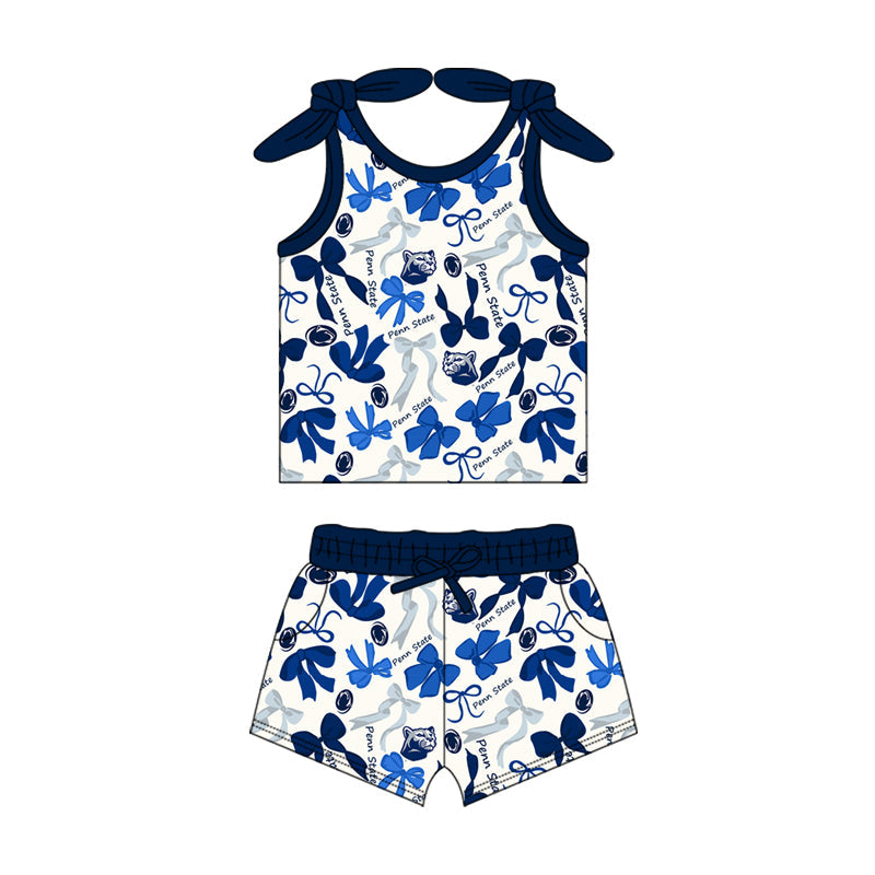 MOQ 3 pcs sleeveless blue bow top shorts girls team clothes