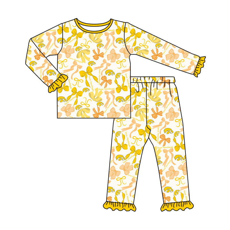 MOQ 3 Long sleeves yellow bow kids girls team pajamas