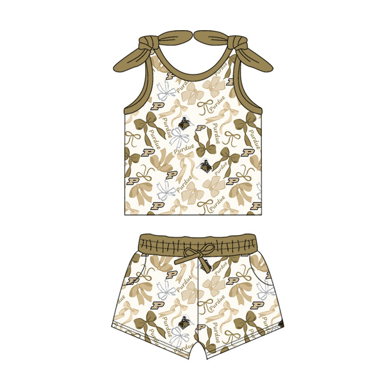 MOQ 3 pcs sleeveless P bow top shorts girls team clothes