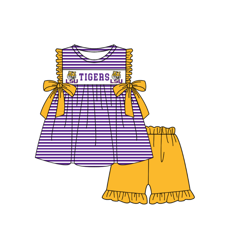 MOQ 5 pcs purple stripe yellow bow LSU tunic ruffle shorts girls team outfit