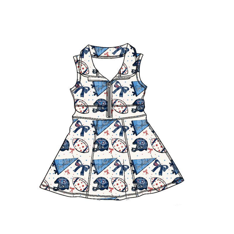 MOQ 5 pcs sleeveless red blue bow girls zipper team athletic dress