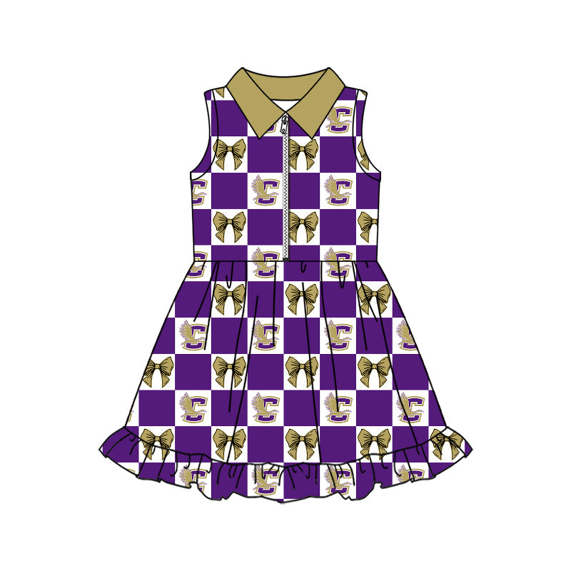 MOQ 5 pcs sleeveless purple plaid bow girls team athletic dress
