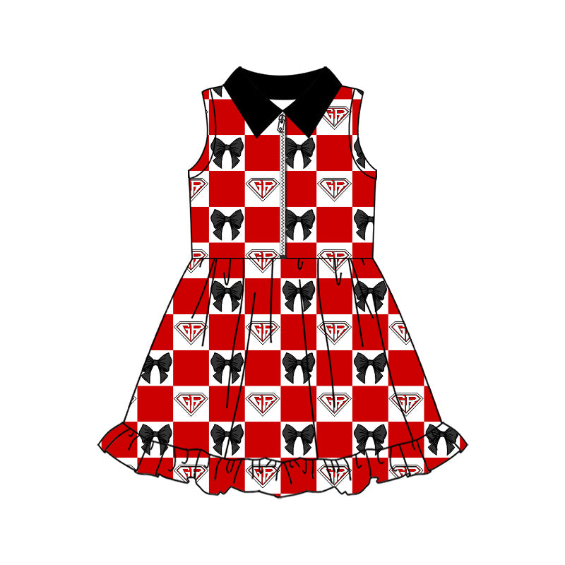 MOQ 5 pcs sleeveless red G R plaid bow girls team athletic dress