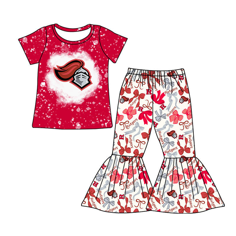 MOQ 3 pcs bleached red R top bow pants girls team clothes