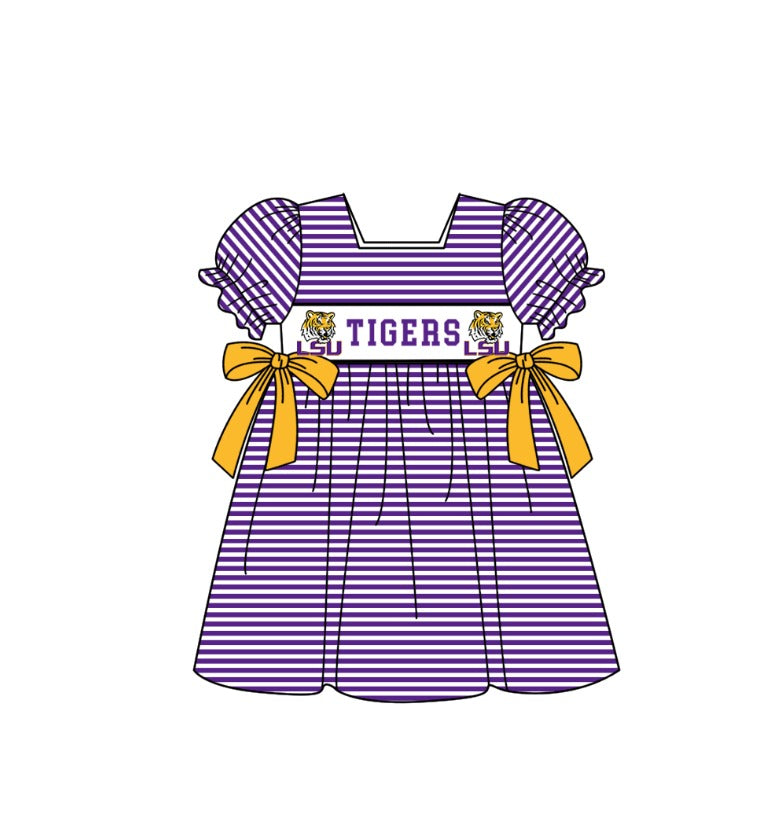 MOQ 5 pcs Short sleeves purple stripe yellow bow LSU girls team dresses