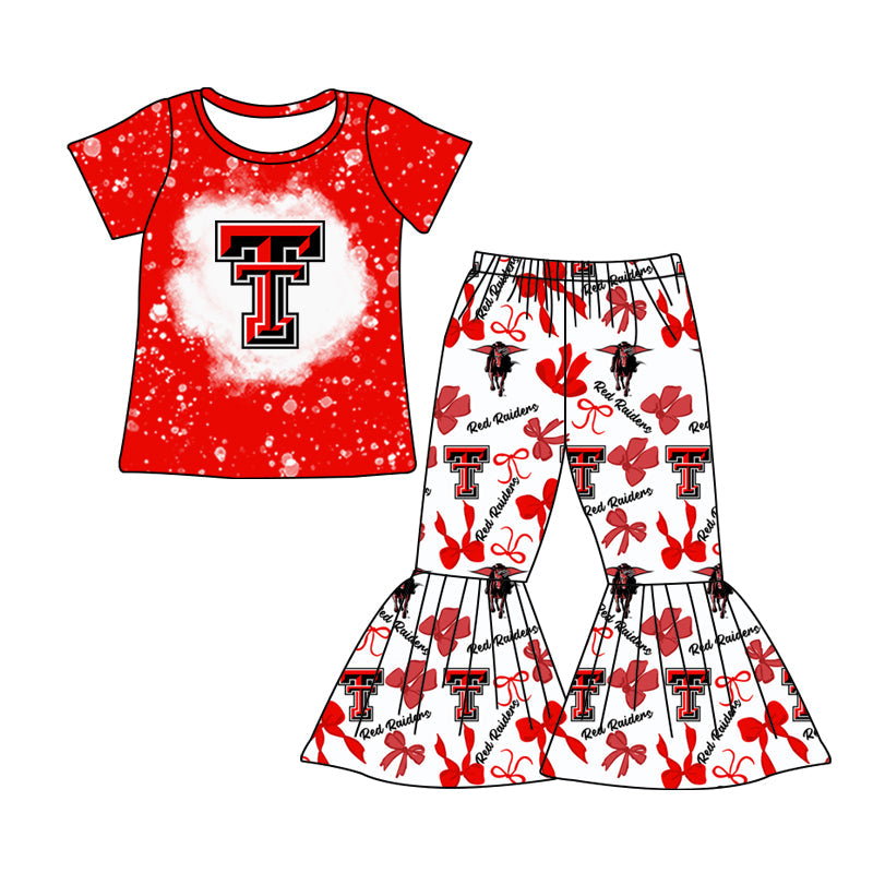 MOQ 3 pcs Bleached red T top bow pants kids girls team clothes