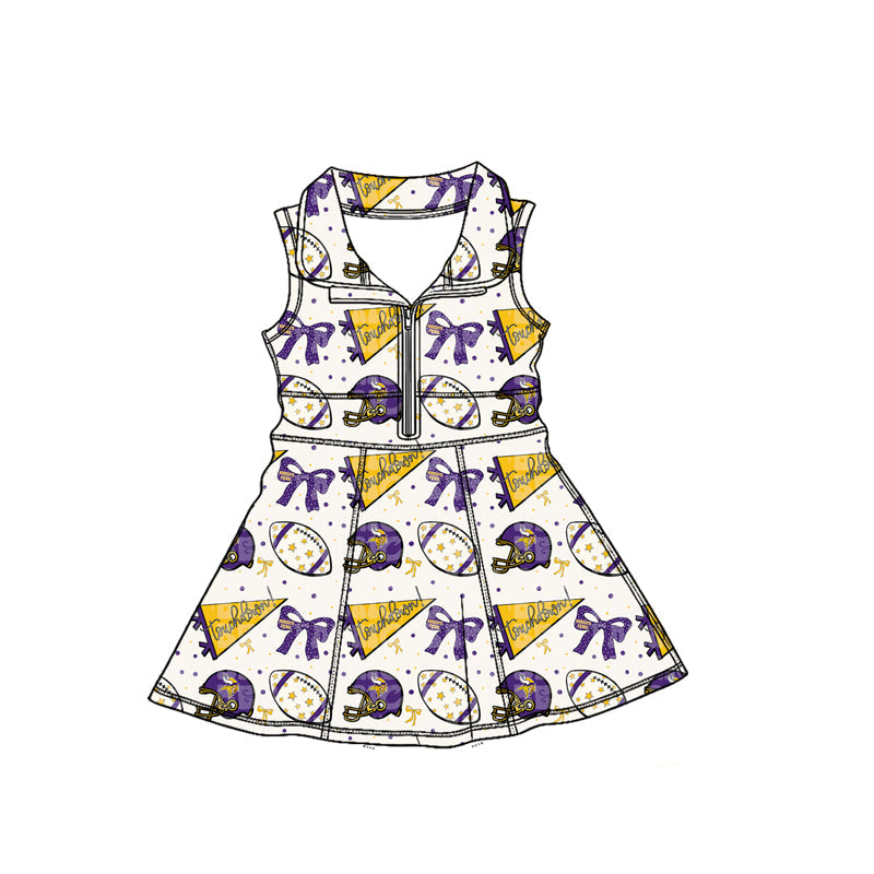 MOQ 5 pcs sleeveless purple yellow bow girls zipper team athletic dress