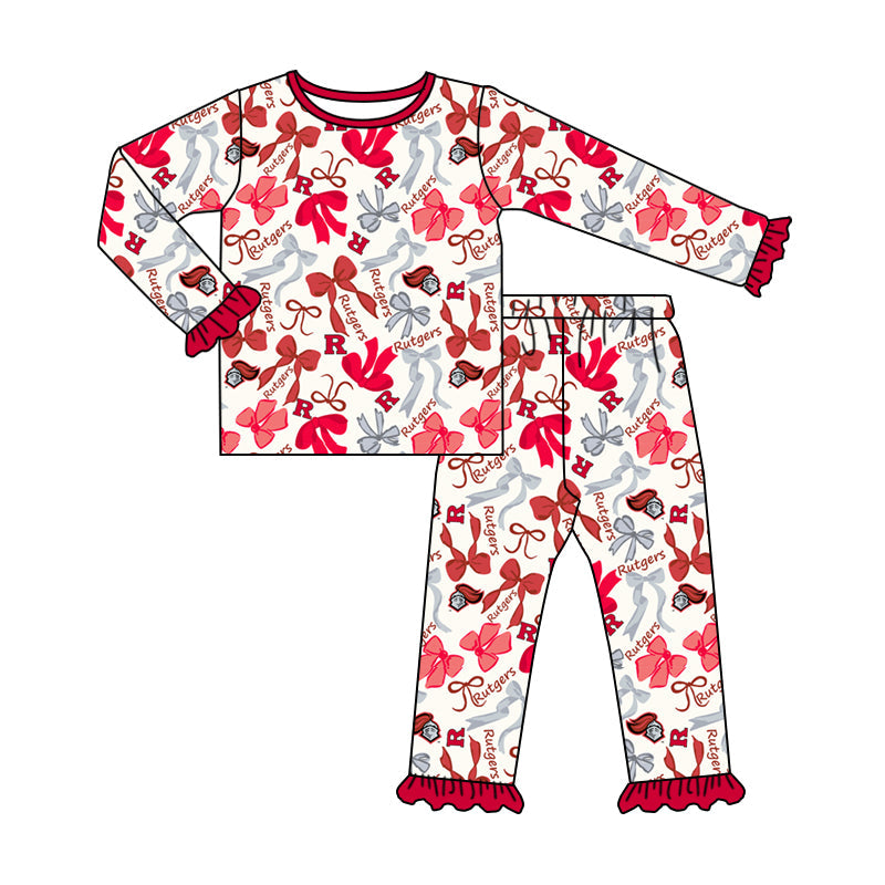 MOQ 3 Long sleeves R red yellow bow kids girls team pajamas
