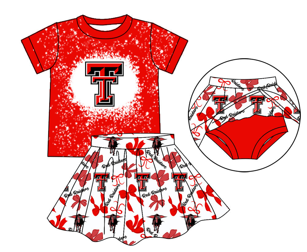MOQ 3 pcs red T bleached top bow skirt girls team outfits