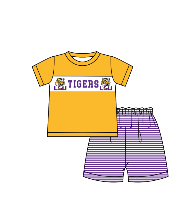 MOQ 5 pcs yellow short sleeves LSU top purple stripe shorts boys team outfit