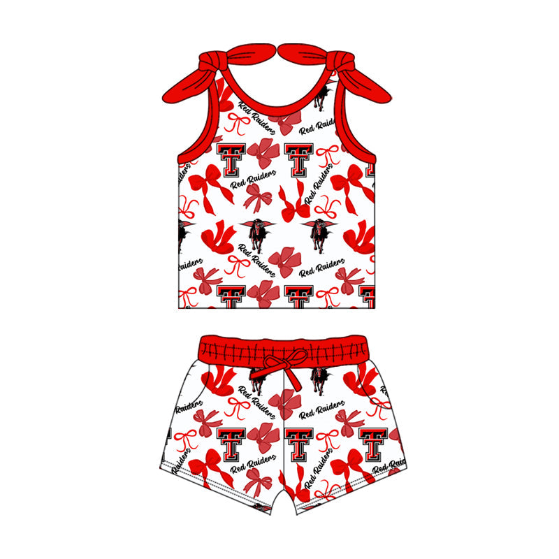 MOQ 3 pcs sleeveless T red bow top shorts girls team clothes