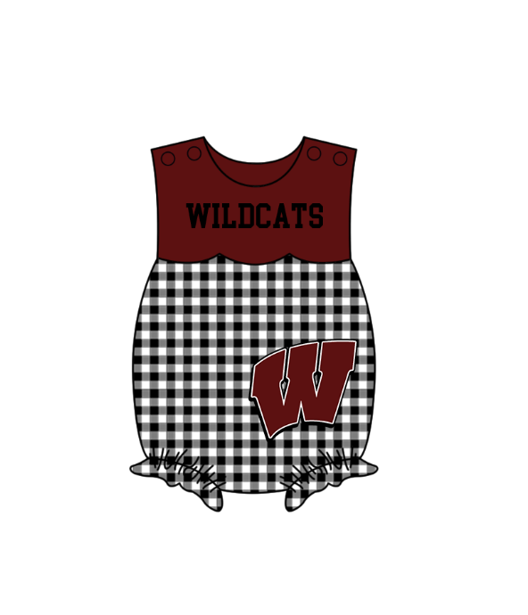 MOQ 5 pcs black plaids sleeveless WILDCATS baby girls team romper