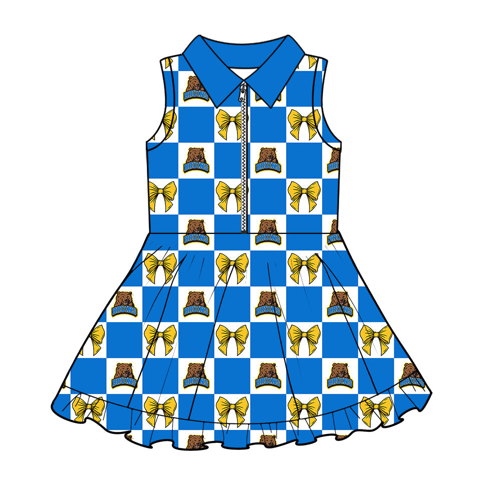 MOQ 5 pcs sleeveless blue plaid yellow bow girls team athletic polo dress