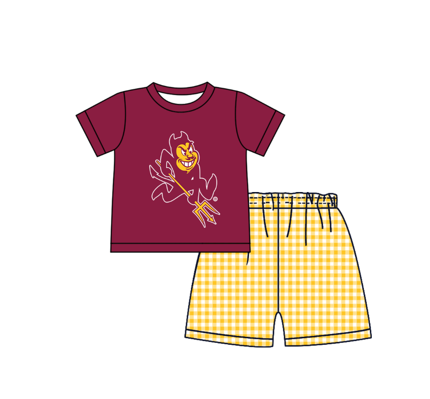 MOQ 5 pcs maroon short sleeves top yellow plaids shorts boys team outfit