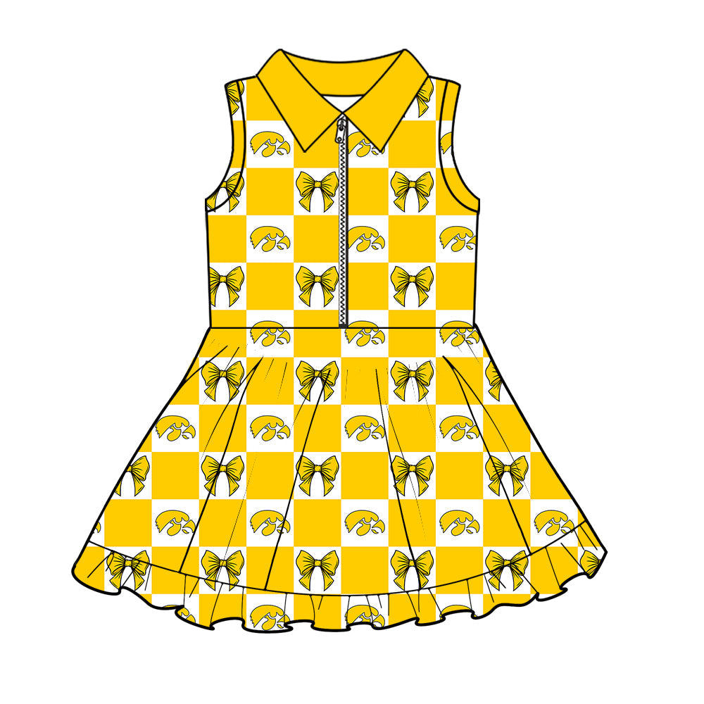 MOQ 5 pcs sleeveless plaid bow yellow girls team athletic polo dress