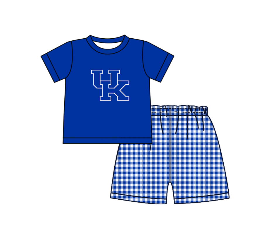 MOQ 5 pcs blue short sleeves UK top plaids shorts boys team outfit