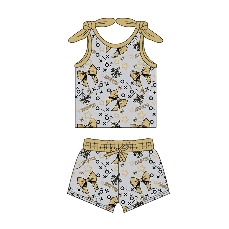 MOQ 3 pcs sleeveless khaki bow kids girls team outfits