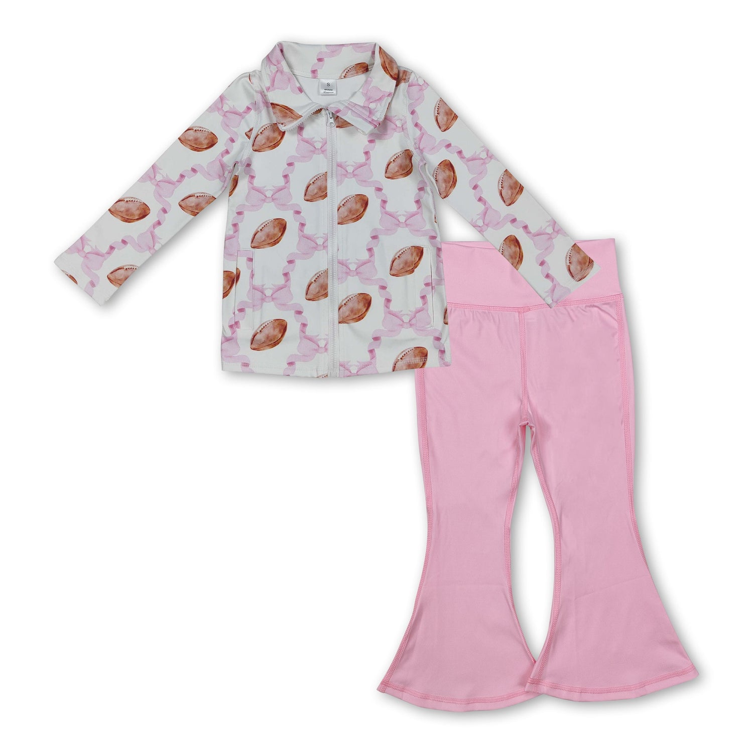 pink football bows zipper pullover match pink pant girls pocket yoga set