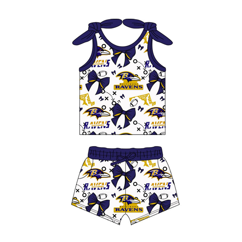 MOQ 3 pcs sleeveless blue bow football kids girls team outfits